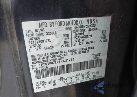 2001 Ford F-150 z USA, uszkodzony, nr VIN 1FTRW07L21KC31753